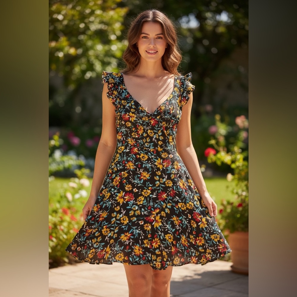 Band of the Free Brown Marigold Floral Print Mini Wrap Dress Smocked Ruffle XS - Picture 16 of 16